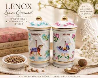 Juego de tarros de especias Lenox con diseño de cilantro y nuez moscada, de porcelana vintage, ideales para decorar la cocina. Juego de tarros de especias estilo cottagecore, perfecto como regalo.