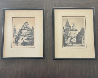 Vintage Strasbourg & Rothenburg Framed Prints 15.5x12.5 Set, European Architecture Wall Art, Cottagecore Decor