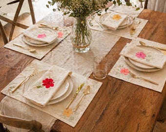 Imperial Embroidered Linen Placemats & Napkins Set Hibiscus Floral Table Linens Cottagecore Dining Set Spring Table Decor