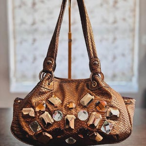 Kathy Van Zeeland Bronze Python Embellished Y2K Glam Shoulder Bag