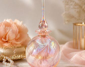 Blush Pink Iridescent Art Glass Perfume Bottle Vanity Decor with Stopper