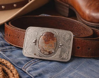 Vintage Western Agate Belt Buckle, Engraved Silver Tone Cowboy Buckle, Southwest Boho Statement Accessory
