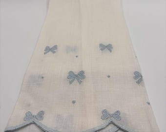 Vintage Linen Tea Towel Blue Bow Embroidery | Scalloped Edge Cottagecore Kitchen Decor | Shabby Chic Hand Towel