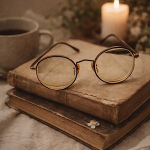 Puede incluir: Unas gafas redondas con una montura fina de color marrón oscuro descansan sobre dos libros antiguos. Una vela encendida y una taza de café están en el fondo, creando una estética vintage y acogedora. Una pequeña flor blanca está sobre el libro.