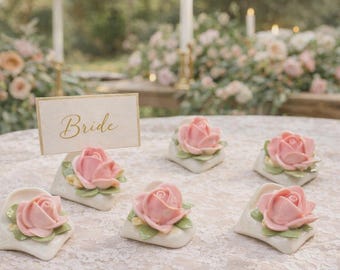 Vintage Porcelain Rose Place Card Holders Set of 6 Pink Floral Wedding Table Decor Cottagecore Bridal Shower Tea Party Favor