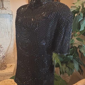 Vintage 90s Beaded Silk Evening Top XL Black Adrianna Papell Cocktail Blouse Art Deco Swirl Formal Wear Statement Piece image 4
