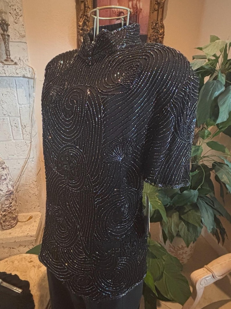 Vintage 90s Beaded Silk Evening Top XL Black Adrianna Papell Cocktail Blouse Art Deco Swirl Formal Wear Statement Piece image 4