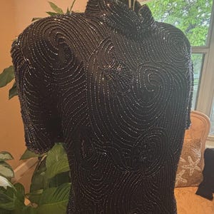 Vintage 90s Beaded Silk Evening Top XL Black Adrianna Papell Cocktail Blouse Art Deco Swirl Formal Wear Statement Piece image 2