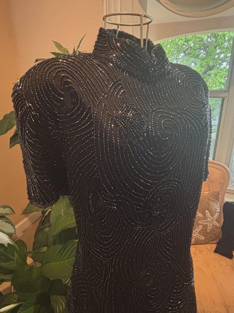 Vintage 90s Beaded Silk Evening Top XL Black Adrianna Papell Cocktail Blouse Art Deco Swirl Formal Wear Statement Piece image 2