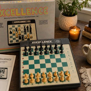 May include: The Excellence portable sensory chess computer features a green and cream board with black and cream plastic pieces. The set includes a cardboard box with the text The Excellence, an owner's manual, and the electronic chess board unit.
