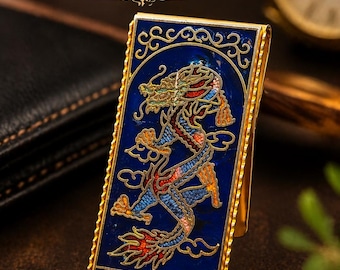 Clip para billetes de dragón cloisonné, esmalte tono dorado, dragón azul de la suerte, regalo para hombres, accesorio coleccionable de inspiración asiática