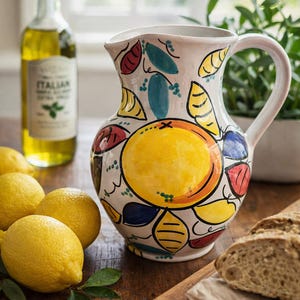 May include: A hand-painted ceramic pitcher with a vibrant citrus design. The pitcher features a large yellow orange in the center, surrounded by colorful leaves. Lemons, olive oil, and bread are also visible, suggesting a kitchen or dining theme.