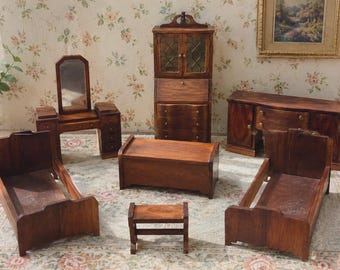 Vintage Strombecker Genuine Walnut Dollhouse Bedroom Furniture Set | 7 Piece Miniature Bedroom Suite | Made in USA