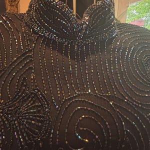 Vintage 90s Beaded Silk Evening Top XL Black Adrianna Papell Cocktail Blouse Art Deco Swirl Formal Wear Statement Piece image 1
