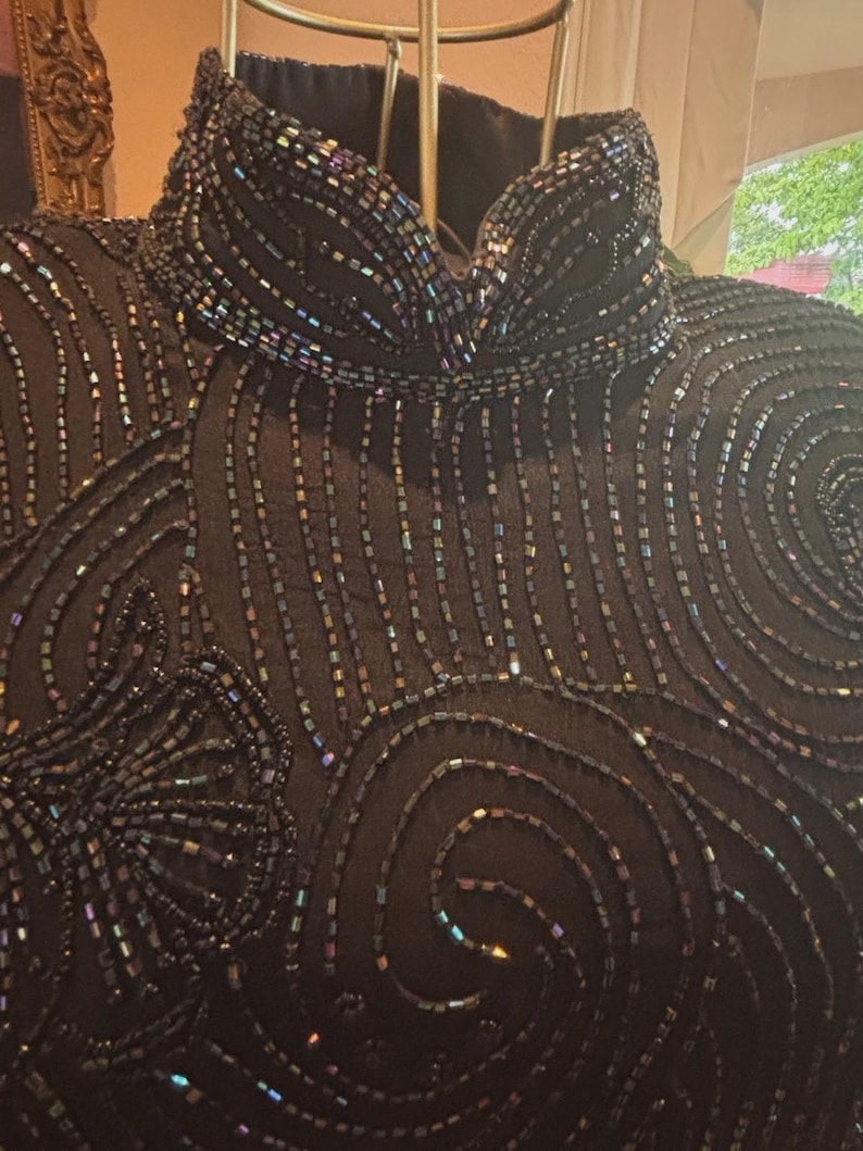 Vintage 90s Beaded Silk Evening Top XL Black Adrianna Papell Cocktail Blouse Art Deco Swirl Formal Wear Statement Piece image 1