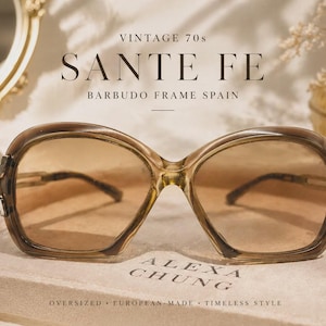 May include: Oversized brown sunglasses with tinted lenses. The sunglasses have a thick frame and are set against a neutral background. Text on the image reads "SANTE FE" and "ALEXA CHUNG". The style is described as "timeless".