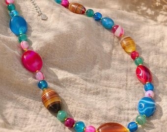 Colorful Beaded Necklace, Mixed Stone Agate Style Statement Necklace, Boho Chunky Jewelry, Estate Find, 925 Silver Clasp, 21-22.5”