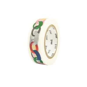 May include: A roll of white washi tape with a colorful chain design. The tape has the word "mt" printed on it multiple times.