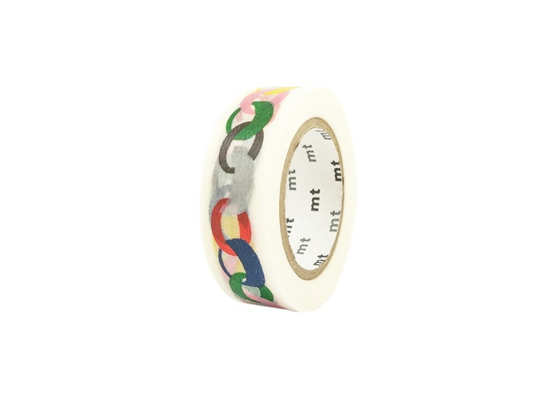 May include: A roll of white washi tape with a colorful chain design. The tape has the word "mt" printed on it multiple times.