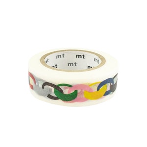 May include: A roll of white washi tape with a repeating pattern of colorful interlocking chain links. The tape is labeled "mt" on the spool.