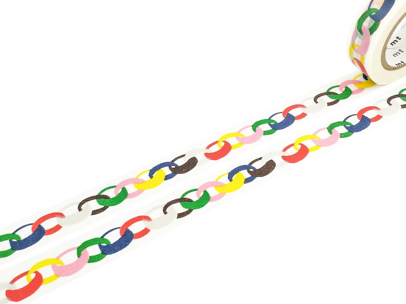 May include: White washi tape with a repeating pattern of colorful interlocking chain links. The links are red, yellow, green, blue, pink, and brown.