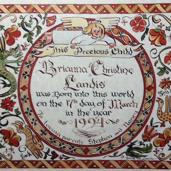 Birth Certificate Fraktur custom completed by artist