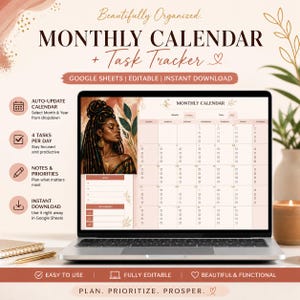 May include: A laptop displays a digital monthly calendar and task tracker. The screen shows a calendar layout with space for notes and tasks. Text on the screen reads "Monthly Calendar + Task Tracker" and "Plan. Prioritize. Prosper."