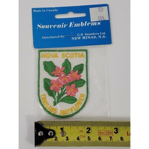 Könnte beinhalten: Ein Souvenir-Emblem aus Nova Scotia, Kanada, mit einem floralen Design aus rosa Blüten und grünen Blättern. Das Emblem befindet sich in einer transparenten Kunststoffverpackung mit einem blauen Header mit der Aufschrift "Souvenir Emblems".
