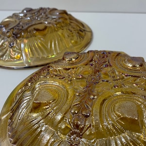 LOT OF 2 1970s - VINTAGE Amber Indiana Glass Iridescent Marigold Carnival Glass Divided Kilarney Pattern Relish Dish