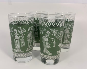 Set of 4 Vintage JEANETTE GREEN WEDGEWOOD Asian Japanese Figures Geisha Glass Tumblers