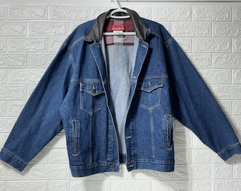 Vintage Marlboro Country Store Denim Jacket Large Blue Trucker Leather Collar L