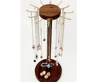 Versatile Large Capacity Tall Necklace Stand Holder Organizer Solid Walnut Beautiful Display Showcase Round Holder Polished Brass No Sliding