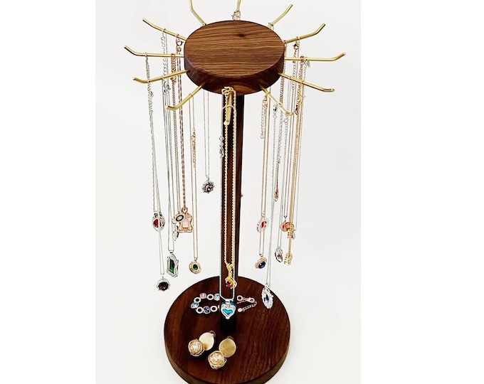 Versatile Large Capacity Tall Necklace Stand Holder Organizer Solid Walnut Beautiful Display Showcase Round Holder Polished Brass No Sliding