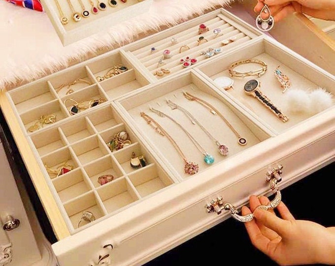 Jewelry Drawer Inserts Small Size Organizer Beige Tray Dividers Velvet Storage Necklaces Rings Earrings Watch Combination Stackable