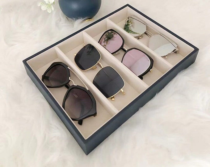 Stackable Sunglasses Trays Eyewear Storage Organizer Premium Quality Dark Blue PU Leather Soft Velvet Maximum Protection Drawer Divider