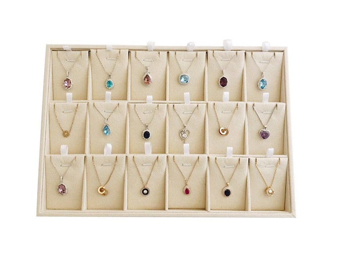 Large Beige Velvet 18-Slot Necklace Pendant Storage Show Tray Stackable Removable Trade Show Store Home Organizer