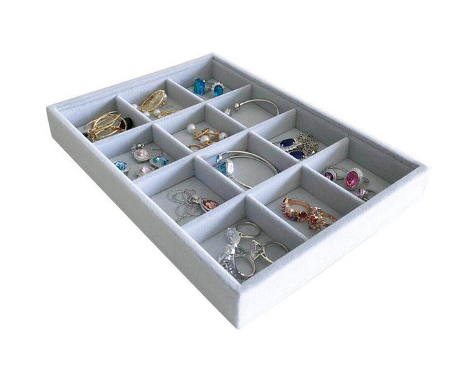 Medium Light Grey Jewelry Storage Drawer Organizer Velvet Premium Quality 12 Grids Stackable Tray for Home Store Jewelry Precious Stone