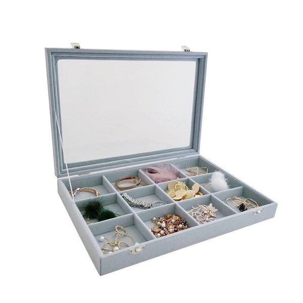 Large Size Jewelry Organization Tray with 12 Rearrangeable Compartments and Glass Lid Top Tray High Quality Secure Storage