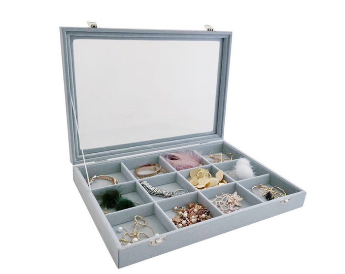 Large Size Jewelry Organization Tray with 12 Rearrangeable Compartments and Glass Lid Top Tray High Quality Secure Storage