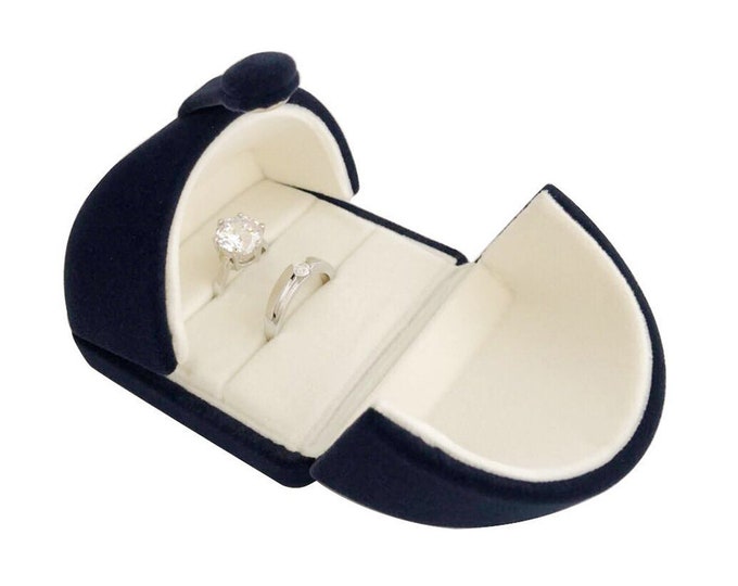 Luxurious Unique Double Ring Packaging Box Premium Quality Velvet Classic Navy Blue Hard Shell Wedding Engagement