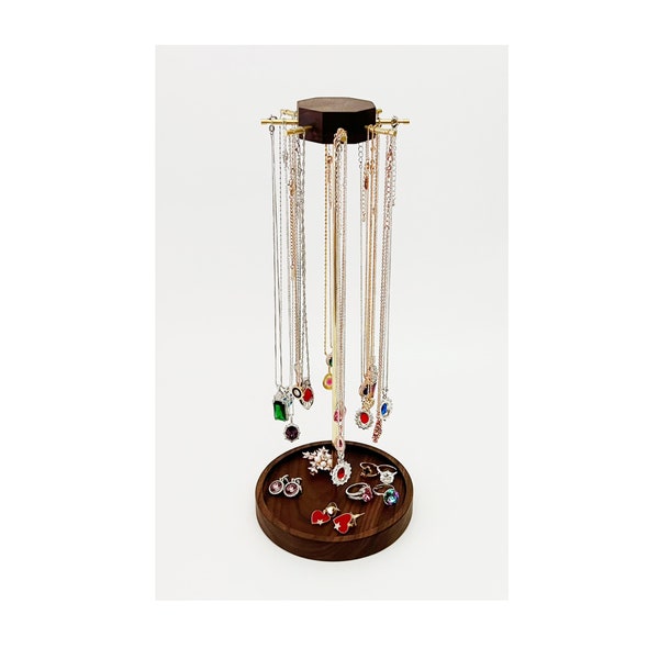 Versatile Necklace Stand Organizer Walnut Timber Large Capacity Multi Function Base Tray Round Display Pendant Tower