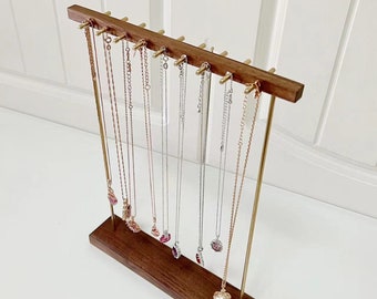 Small Necklace Organizer Stand Solid Natural Walnut Wood and Polished Brass Practical Durable Jewelry Display