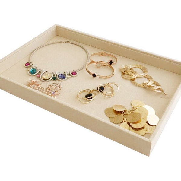 Large Beige Velvet Jewelry Tray Stackable Multi-Function Home Show Storage Organizer Box Premium Grade Material