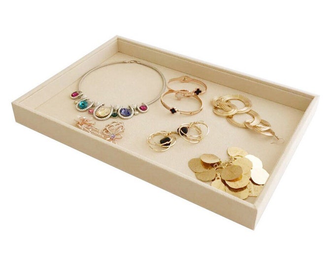 Large Beige Velvet Jewelry Tray Stackable Multi-Function Home Show Storage Organizer Box Premium Grade Material