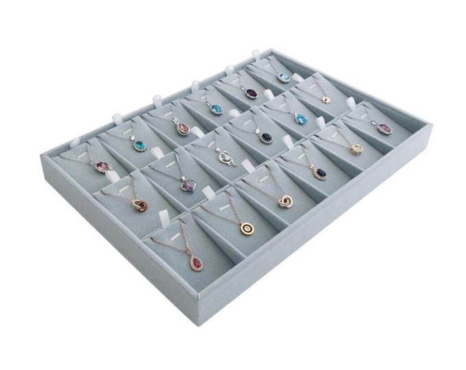 Large Size Gray Velvet Necklace Organizer Display Tray Stackable Removable 18 Slots Inserts Trade Show Store Home Use