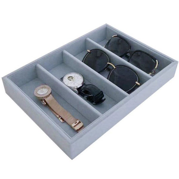 Medium Light Grey Stackable Glasses Watch Tray Organizer Storage Premium Quality Velvet Necklace Show Box Neutral Tone Handmade High Quality