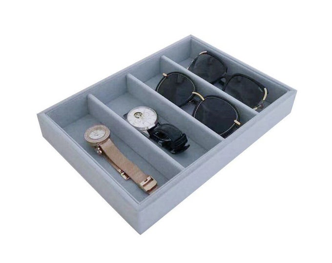 Medium Light Grey Stackable Glasses Watch Tray Organizer Storage Premium Quality Velvet Necklace Show Box Neutral Tone Handmade High Quality