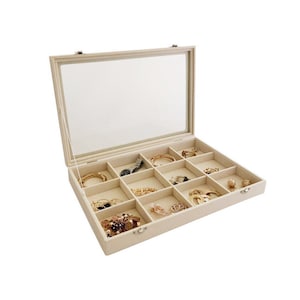 Large Beige Velvet Jewelry Organizer Storage Top Tray With Glass Lid and 12 Removable and Rearrangeable Grids