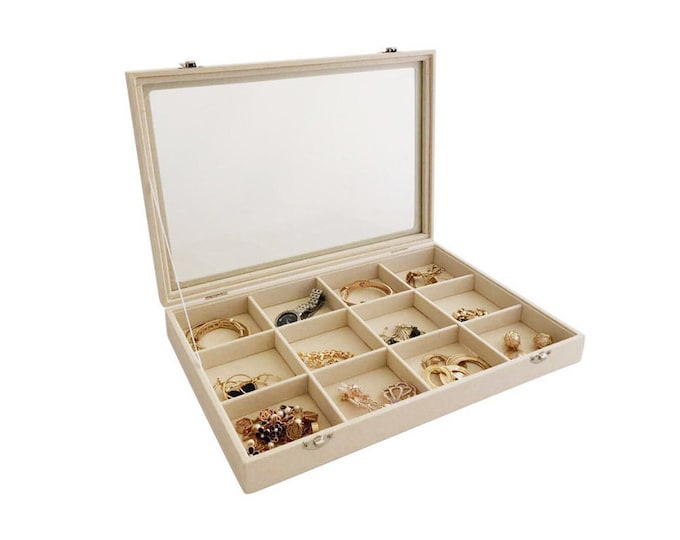 Large Beige Velvet Jewelry Organizer Storage Top Tray With Glass Lid and 12 Removable and Rearrangeable Grids
