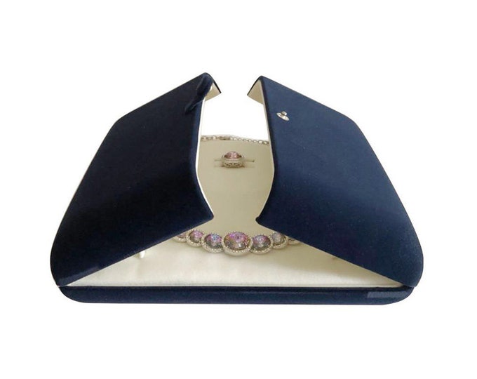 Dark Blue Velvet Jewelry Set Case Packaging Ring Necklace Earrings Pearl Strands Premium Grade Luxurious Velvet Presentation